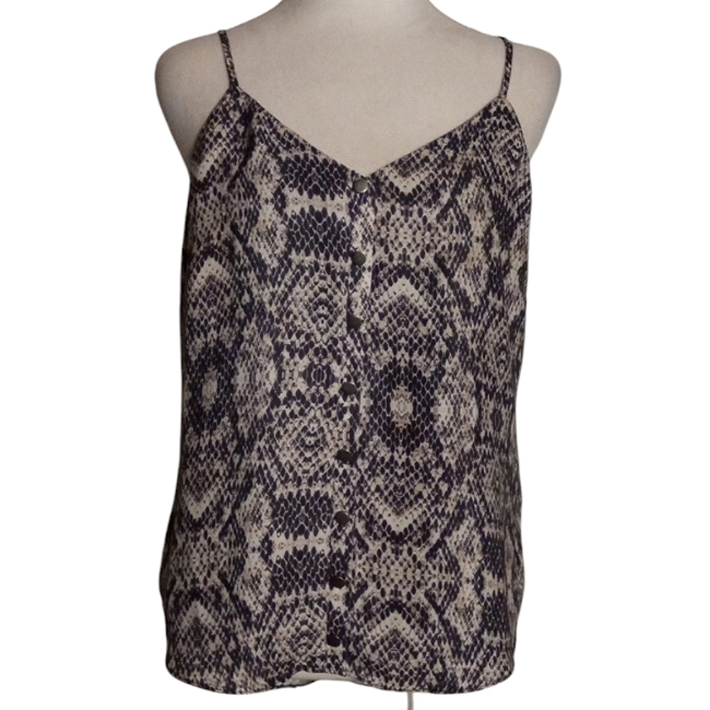 Amanda Uprichard Gray Reptile Snake Print V Neck Button Detail Tank Top Medium